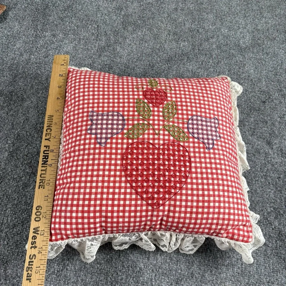 VTG 80s Handmade Pillow Red Gingham Heart Floral Embroidered‎ Lace Trim Folk Art